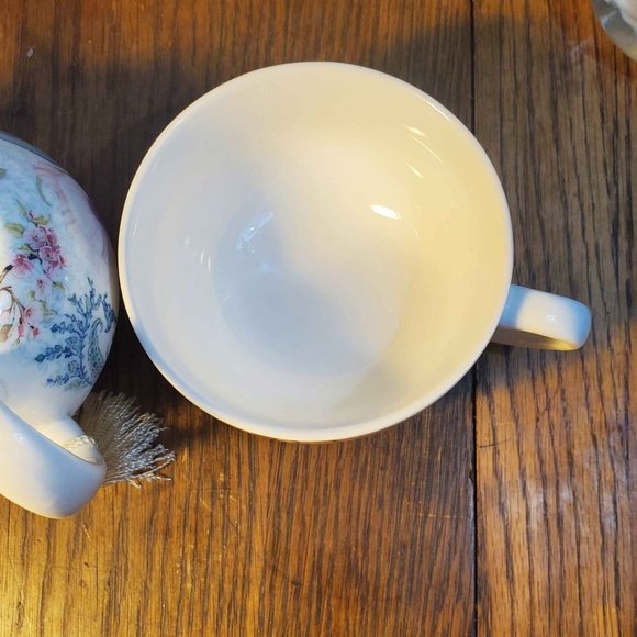 SUMMER RIVER Tea for One TEAPOT W/ TASSEL CUP LID Peacock Floral Porcelain 6 in - Picture 7 of 10